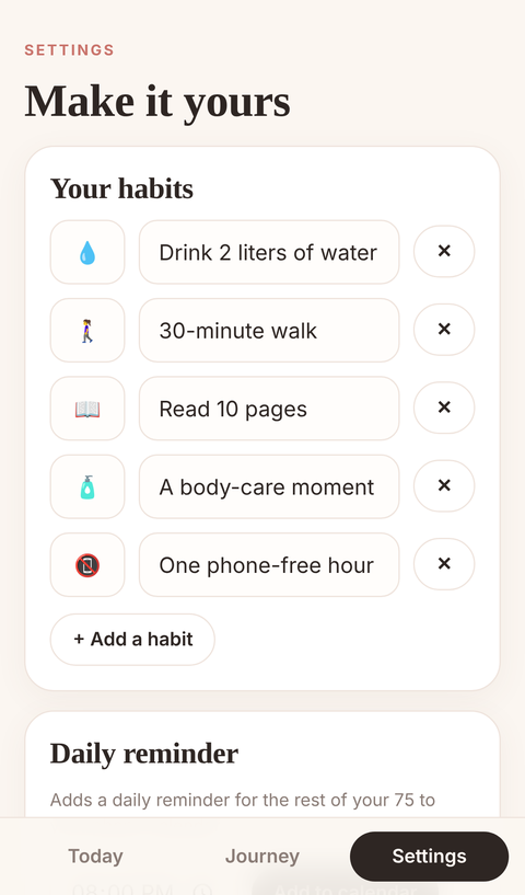 Settings with reminders and backup